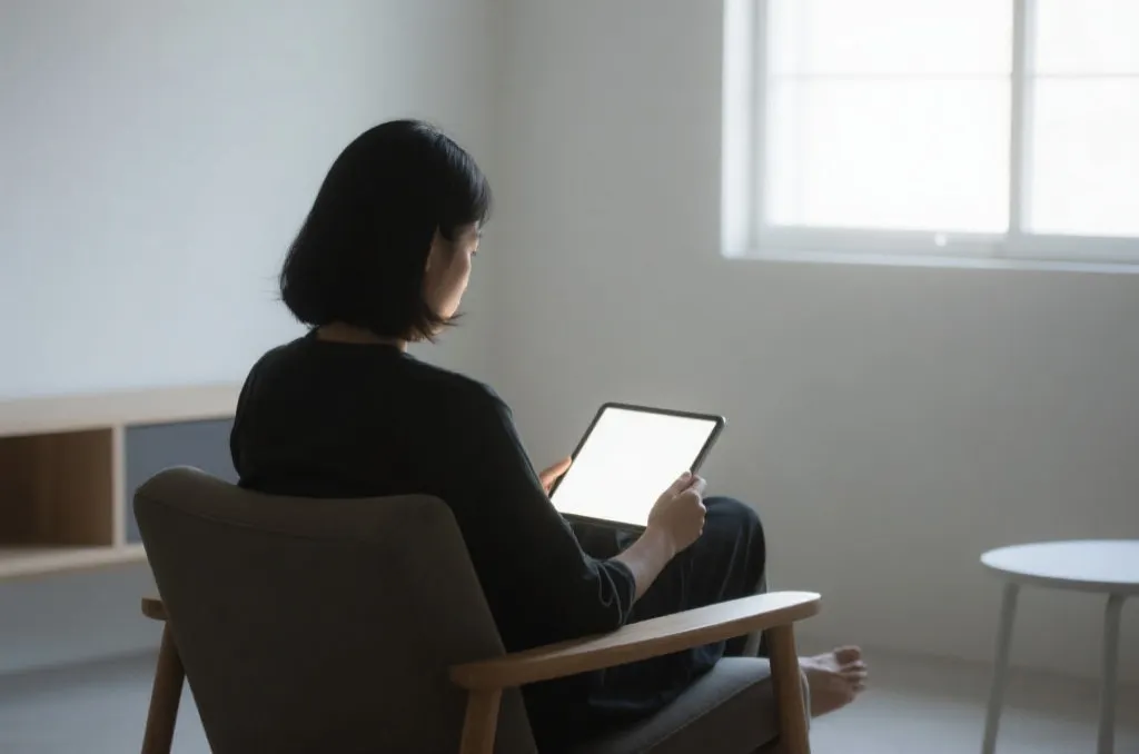 一个人在现代简约的房间里平静地看着平板电脑屏幕，展现冷静专注的心态