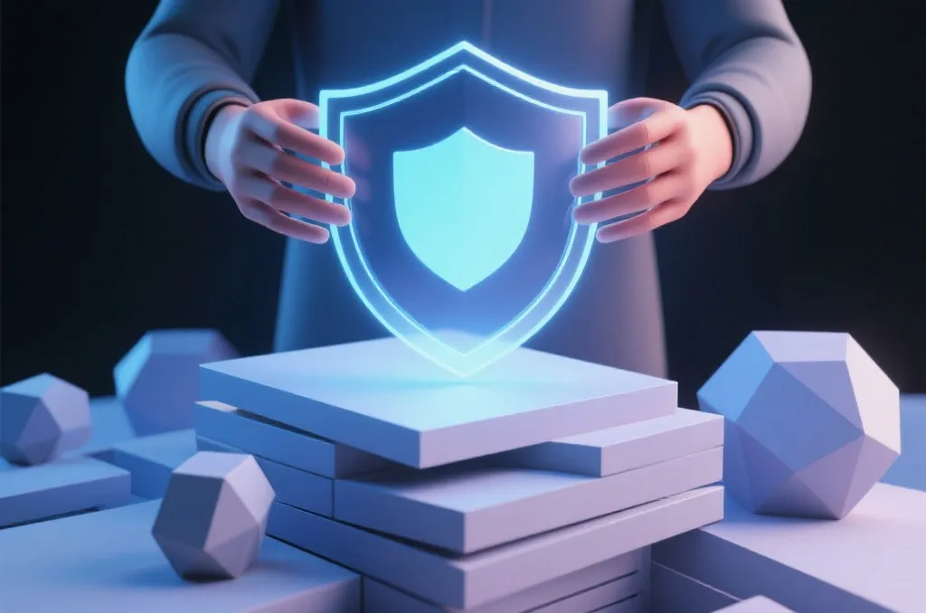A glowing shield protecting abstract geometric data, symbolizing stop-loss protection