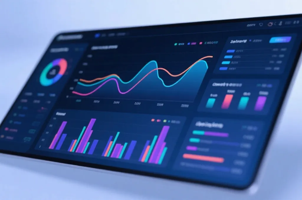 A modern data visualization screen showing colorful line charts and trend lines