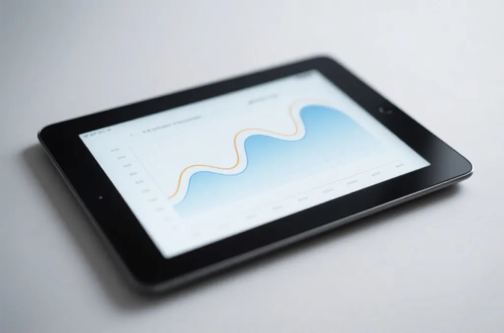An editorial close-up of a digital tablet showing stylized data visualization charts with curves